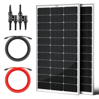 Rich Solar RS-K200G 200W Solar Kit for Solar Generators Portable Power Stations displaying its components like 2 x 100 Watt Monocrystalline Solar Panel and cable accessories