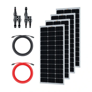 Rich Solar RS-K400G 400W Solar Kit for Solar Generators Portable Power Stations displaying its components like 4 x 100 Watt Monocrystalline Solar Panel and cable accessories