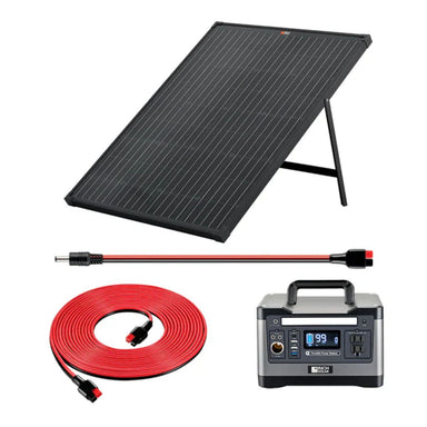 Rich Solar RS-K500P1B 540Wh Solar Generator Kit displaying its components like the  RS-X500 Lithium Portable Power Station, 100 Watts Monocrystaline solar panel and its connector chords