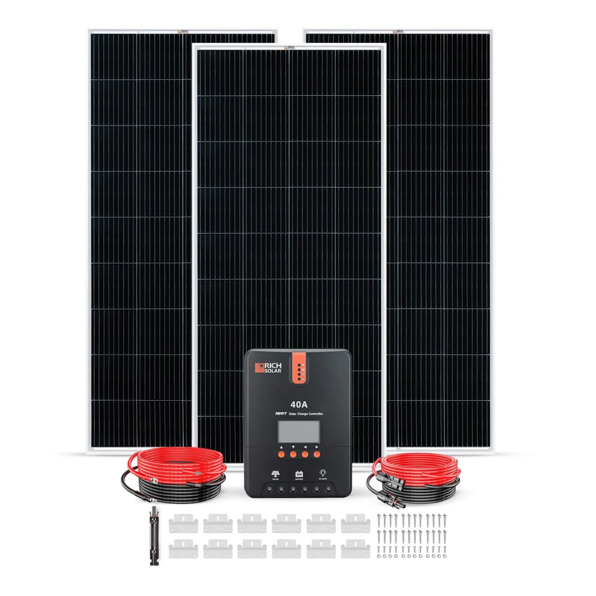 Rich Solar RS-K8004 800W Solar Kit displaying its components like 60A MPPT Solar Charge Controller, 4 x 200 Watt Monocrystalline Solar Panel and its accessories