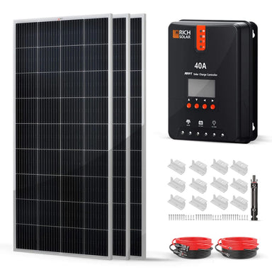 Rich Solar RS-K6004 600W Solar Kit displaying its components like 40A MPPT Solar Charge Controller, 3 x 200 Watt Monocrystalline Solar Panel and its accessories