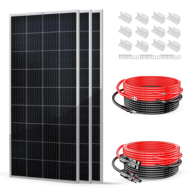 Rich Solar RS-K6004 600W Solar Kit displaying its components without the solar charge controller and fuse