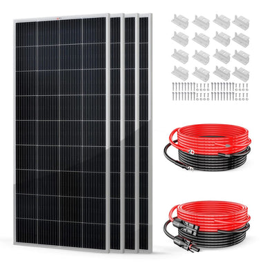 Rich Solar RS-K8004 800W Solar Kit displaying its components without the solar charge controller and fuse