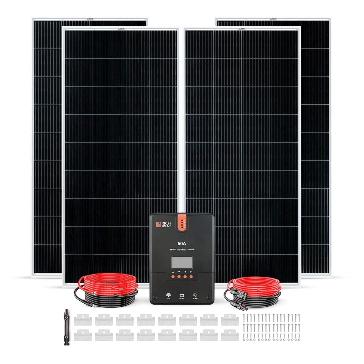 Rich Solar RS-K8004 800W Solar Kit displaying its components like 60A MPPT Solar Charge Controller, 4 x 200 Watt Monocrystalline Solar Panel and its accessories