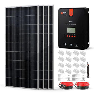 Rich Solar RS-K8004 800W Solar Kit displaying its components like 60A MPPT Solar Charge Controller, 4 x 200 Watt Monocrystalline Solar Panel and its accessories