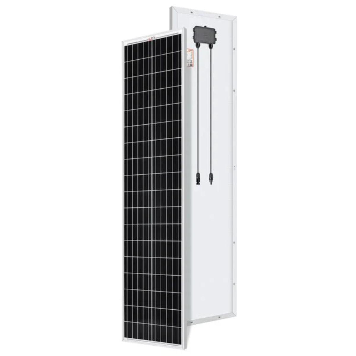 Rich Solar RS-M100SL MEGA 100 Watt Slim Monocrystalline Solar Panel displaying its durable build with its monocrystalline cells at the front panel and the junction box at the back side