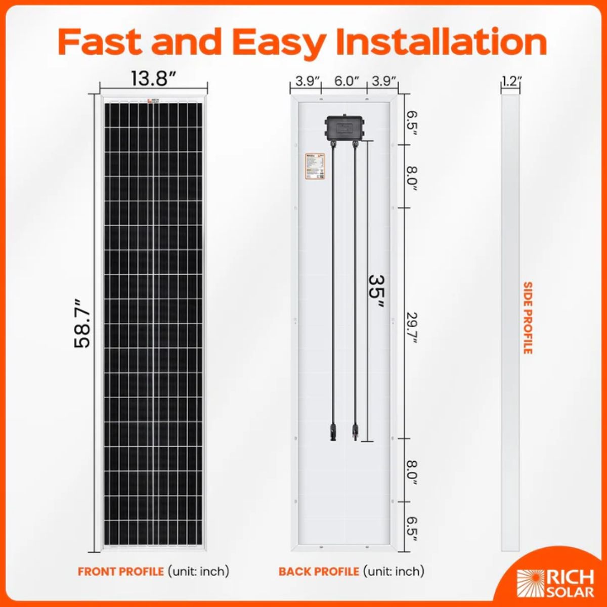 Rich Solar RS-M100SL MEGA 100 Watt Slim Monocrystalline Solar Panel displaying its overall product dimensions for fast and easy installation