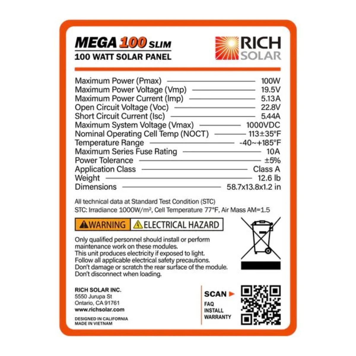 Rich Solar RS-M100SL MEGA 100 Watt Slim Monocrystalline Solar Panel displaying its full in-depth specification sticker usually found at the back panel of the product