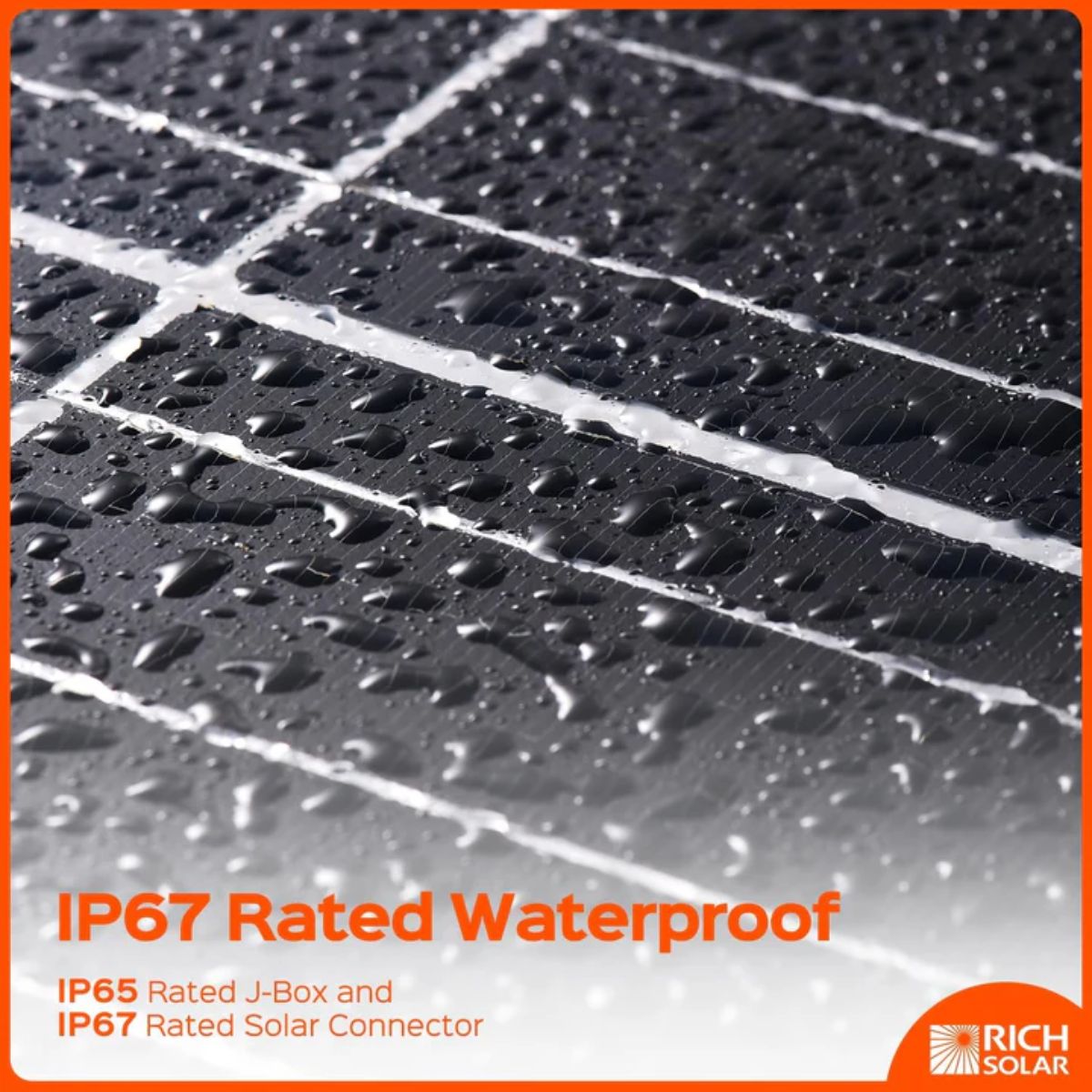 Rich Solar RS-M100SL MEGA 100 Watt Slim Monocrystalline Solar Panel displaying its IP65/IP67 Waterproof Rated components