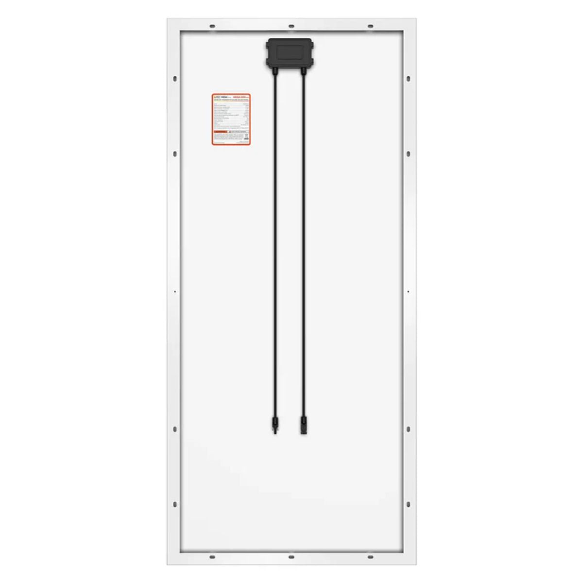 Back panel of Rich Solar RS-M200D MEGA 200 Watt 24 Volt Monocrystalline Solar Panel displaying its junction box, connectors and specification sticker