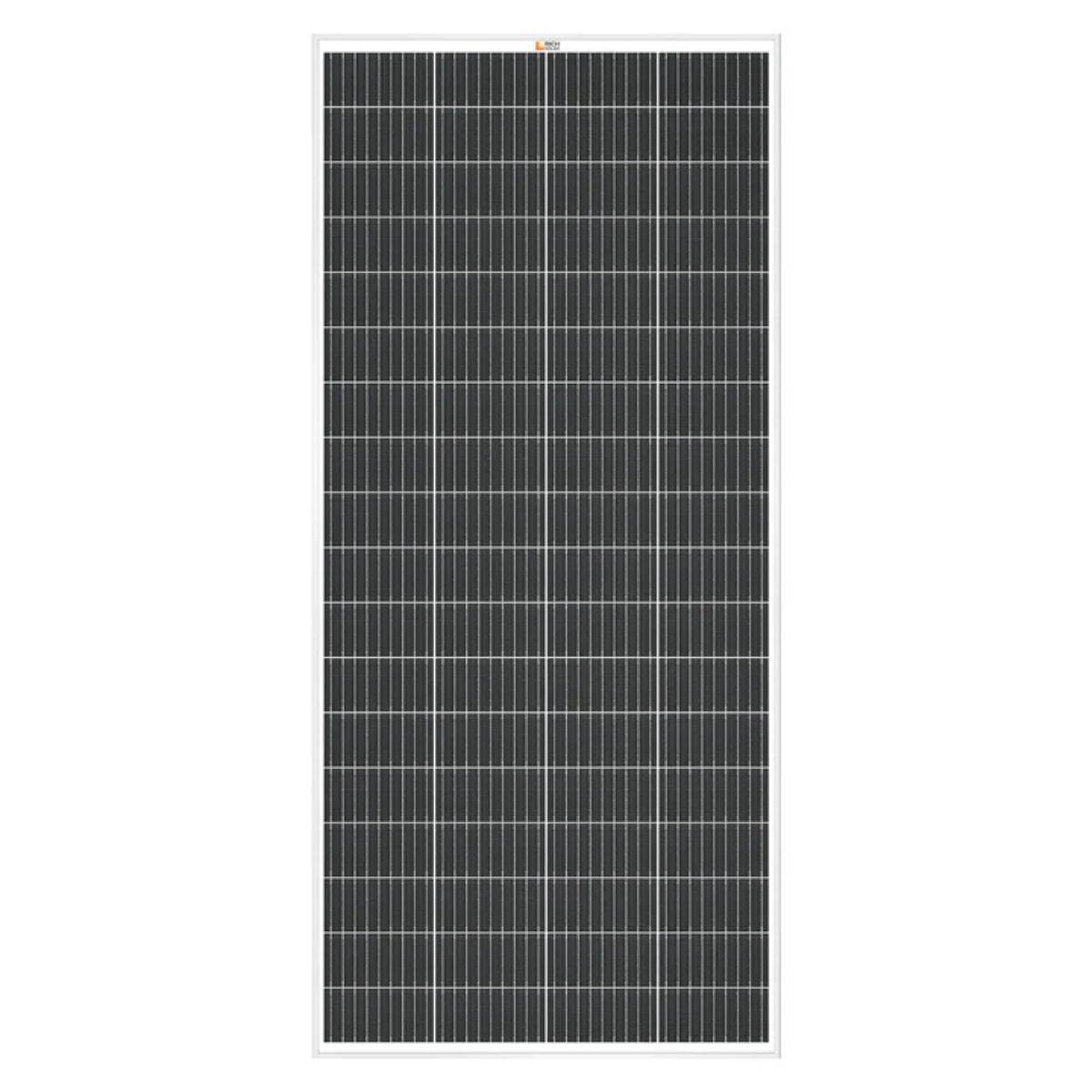 Front panel of Rich Solar RS-M200D MEGA 200 Watt 24 Volt Monocrystalline Solar Panel displaying its monocrystalline solar panel cells