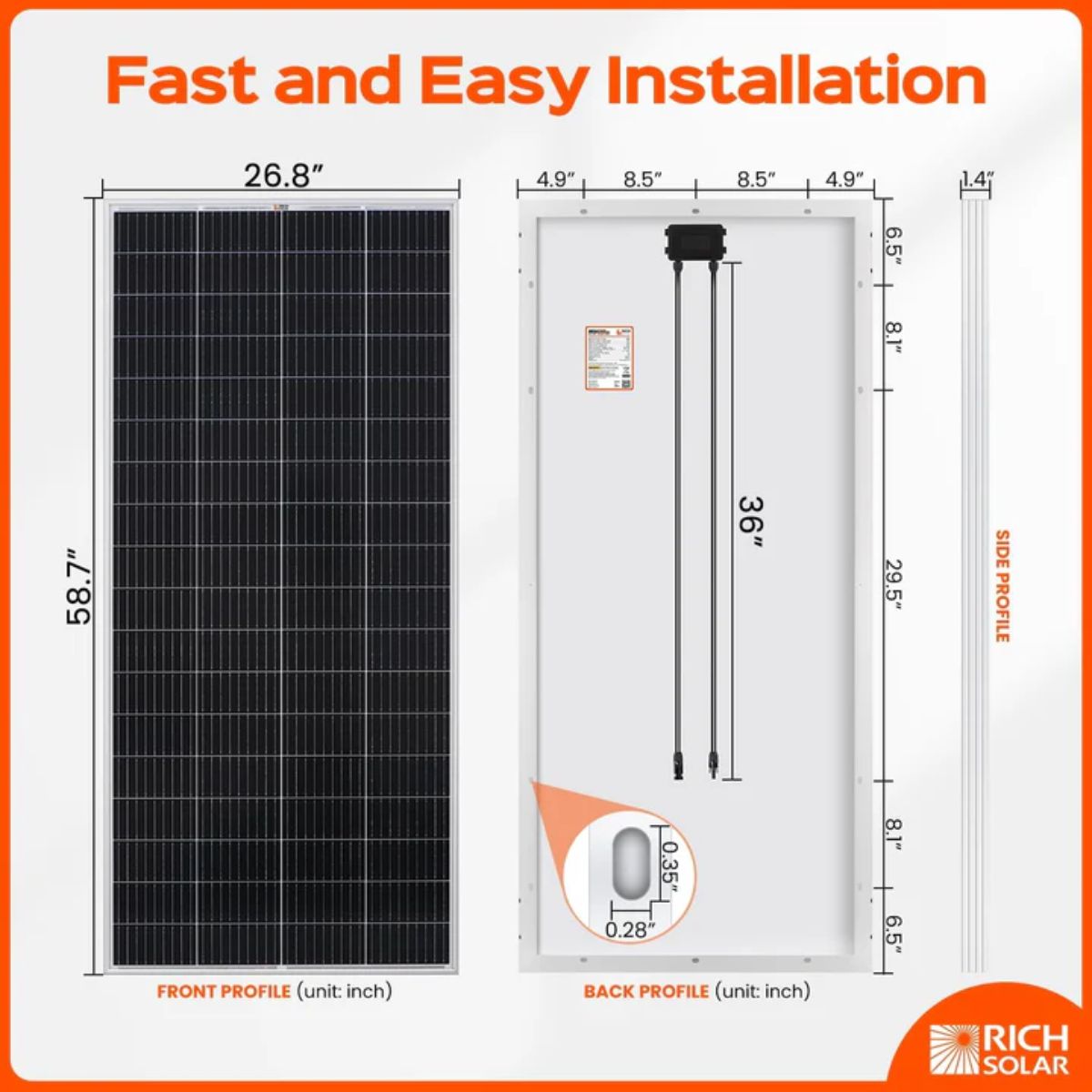 Rich Solar RS-M200D MEGA 200 Watt 24 Volt Monocrystalline Solar Panel displaying its overall product dimensions for fast and easy installation