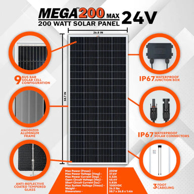 Rich Solar RS-M200D MEGA 200 Watt 24 Volt Monocrystalline Solar Panel displaying its main product features