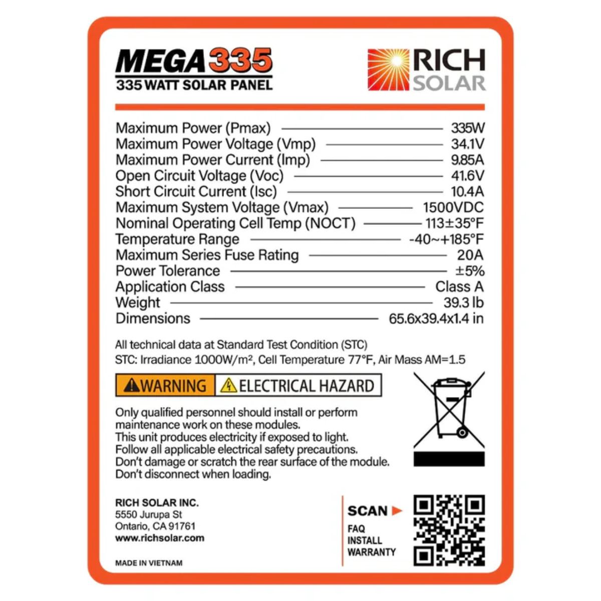 In depth information and a scannable product QR code of Rich Solar RS-M335 MEGA 335 Watt Monocrystalline Solar Panel