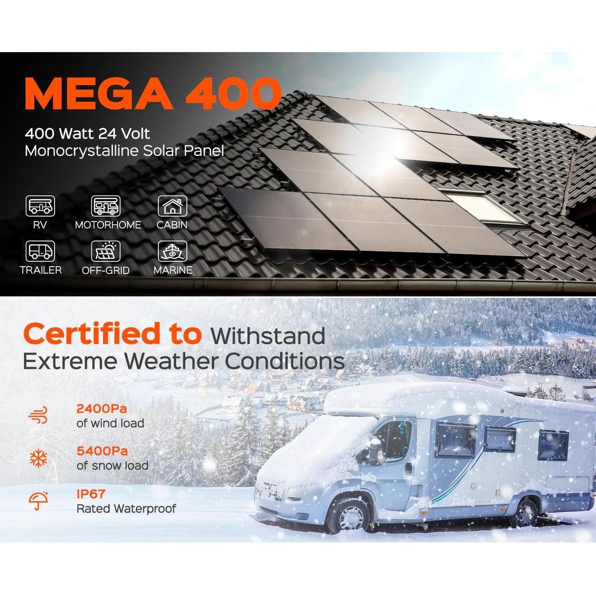Rich Solar RS-M400 400W Mega Monocrystalline Solar Panel featuring its main product and environmental features