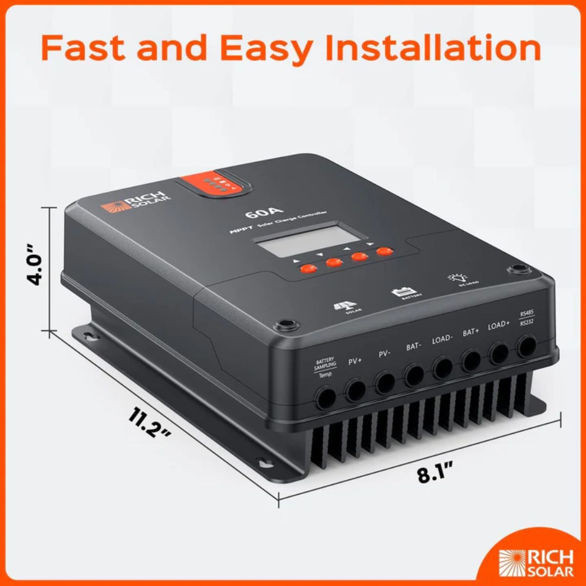 Rich Solar RS-MPPT60 60Amp MPPT Solar Charge Controller displaying its product dimensions