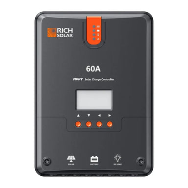 Rich Solar RS-MPPT60 60Amp MPPT Solar Charge Controller displaying its LCD display at the center part of the front panel with its black and orange color scheme.