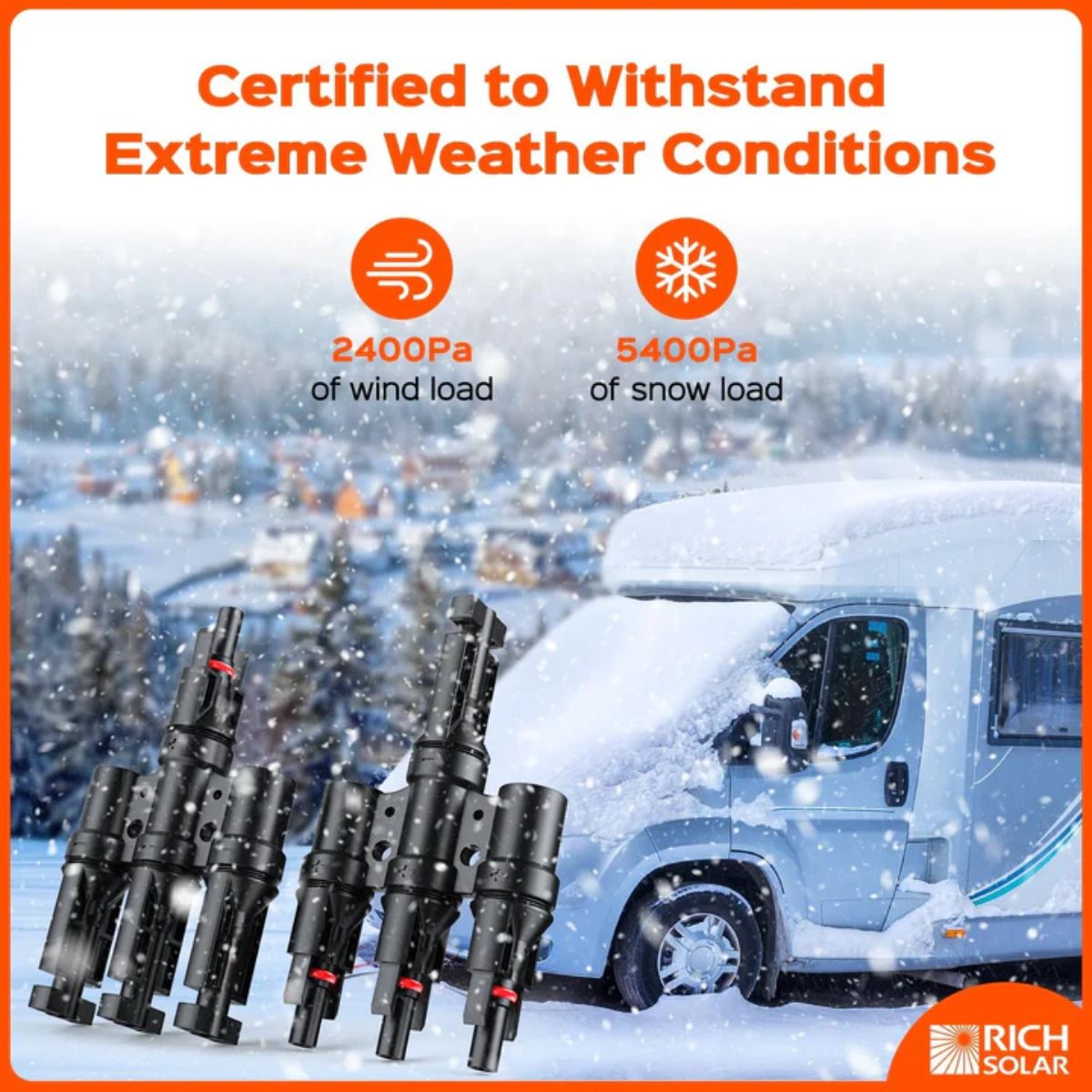 Rich Solar RS-T3 Y Branch Parallel Connectors 3 to 1 displaying its features certified to withstand extreme weather conditions