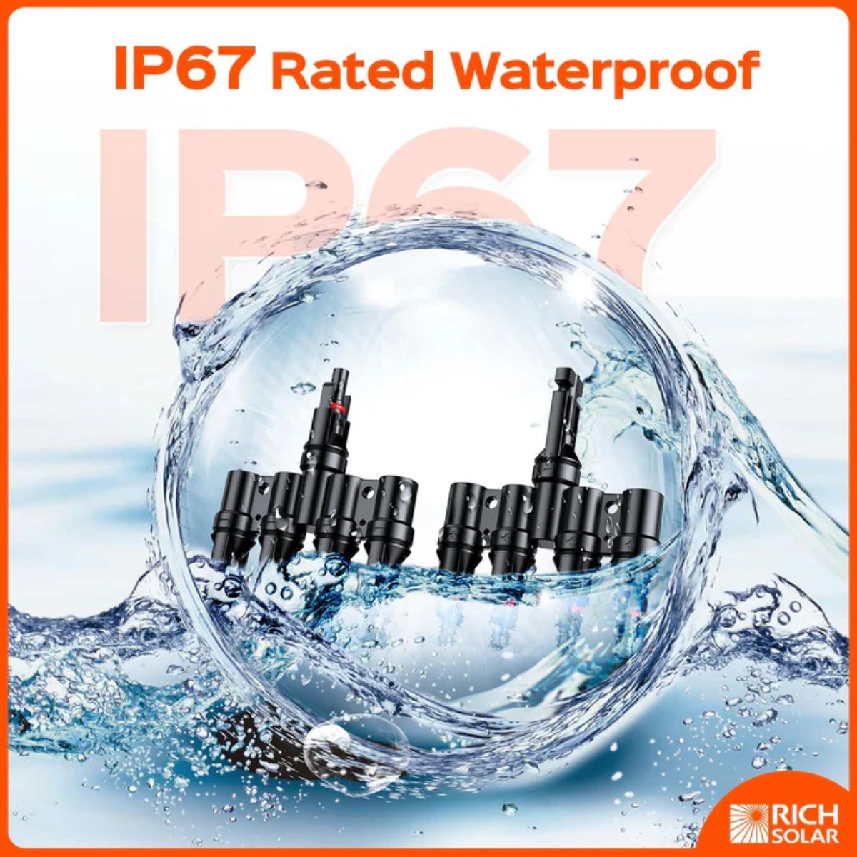 Rich Solar RS-T4 Y Branch Parallel Connectors 4 to 1  displaying its IP67 Rated Waterproof feature