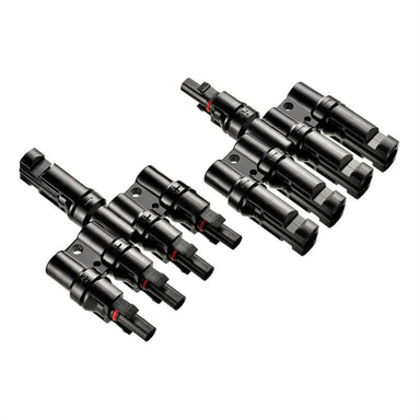 A diagonnal view of Rich Solar RS-T4 Y Branch Parallel Connectors 4 to 1 displaying its all black color scheme