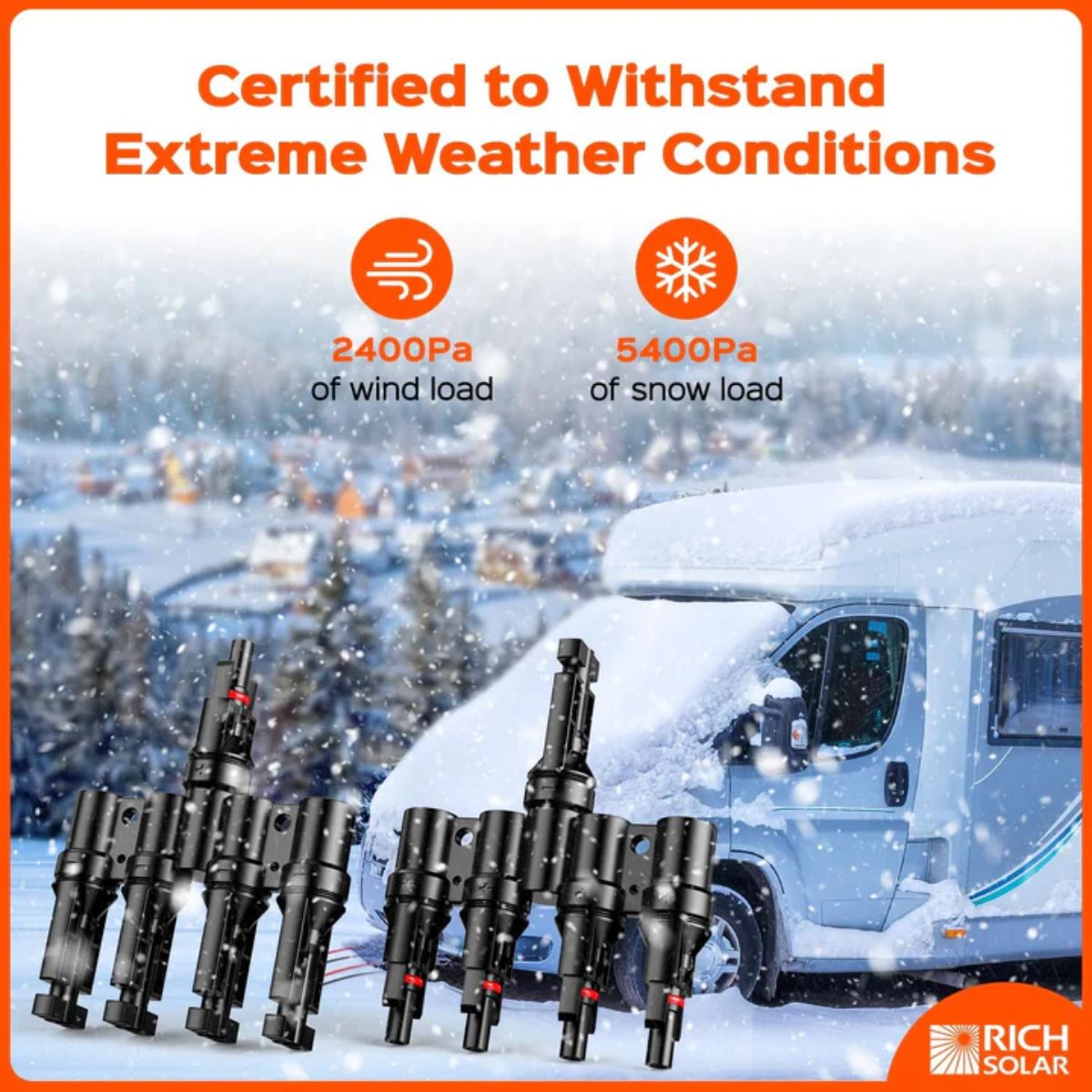 Rich Solar RS-T4 Y Branch Parallel Connectors 4 to 1  displaying its features certified to withstand extreme weather conditions