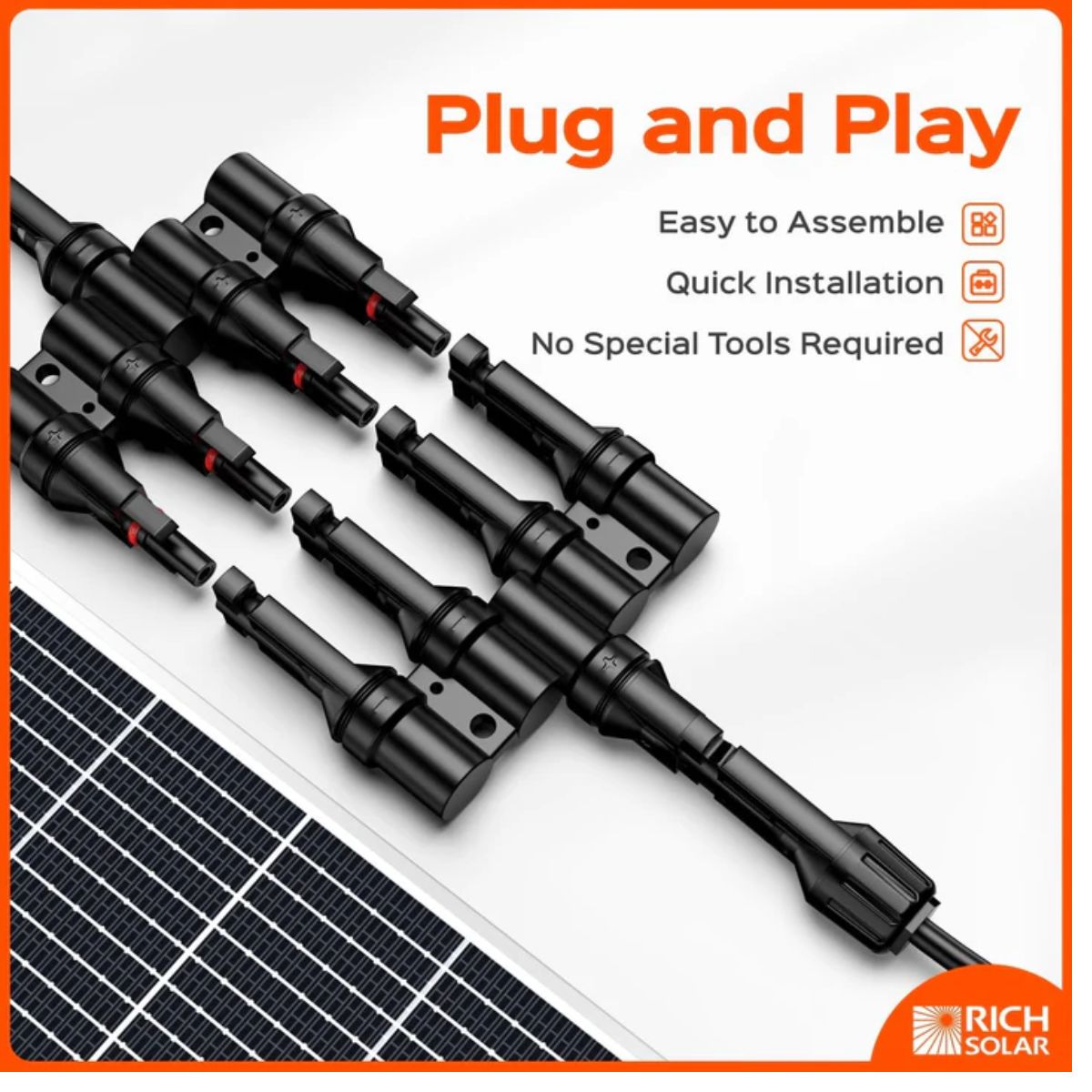 Rich Solar RS-T4 Y Branch Parallel Connectors 4 to 1  displaying its Plug and Play features