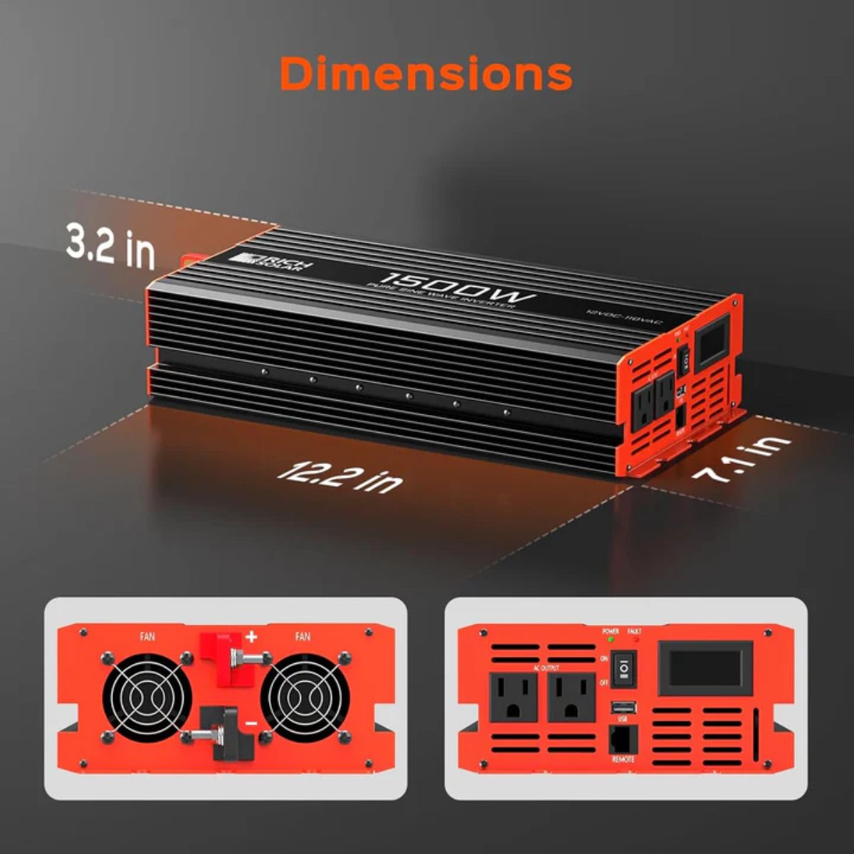 Rich Solar RS-V1500 1500W Industrial Pure Sine Wave Inverter displaying its produc dimension and top and bottom panel