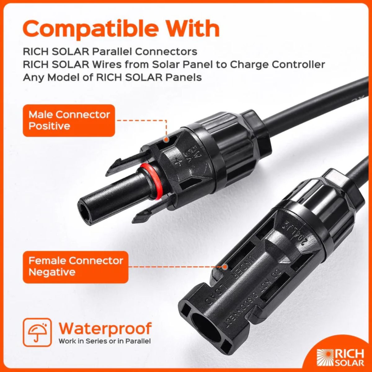 Rich Solar X100B MEGA 100W Portable Solar Panel Briefcase featuring its compatibility with rich solar parallel connectors and adapters