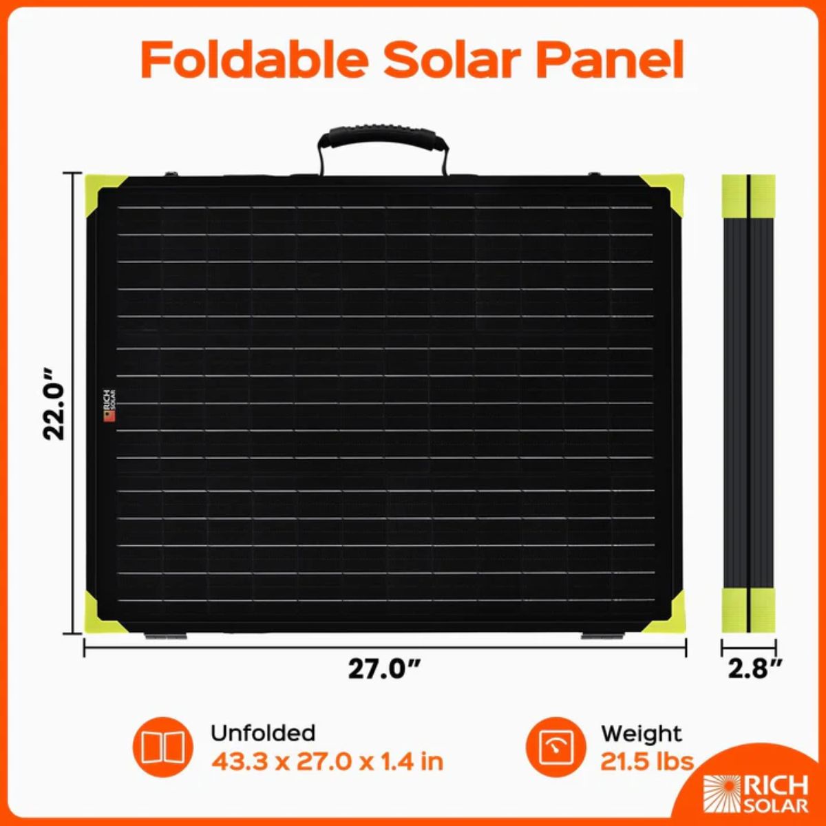 Rich Solar X100B MEGA 100W Portable Solar Panel Briefcase displaying its dimensions on its foldable briefcase mode