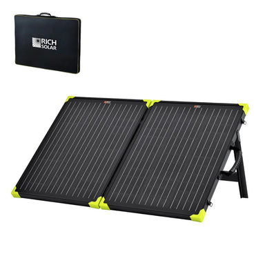 Rich Solar RS-X100B MEGA 100W Portable Solar Panel Briefcase displaying its sturdy build setup with its included protective bag