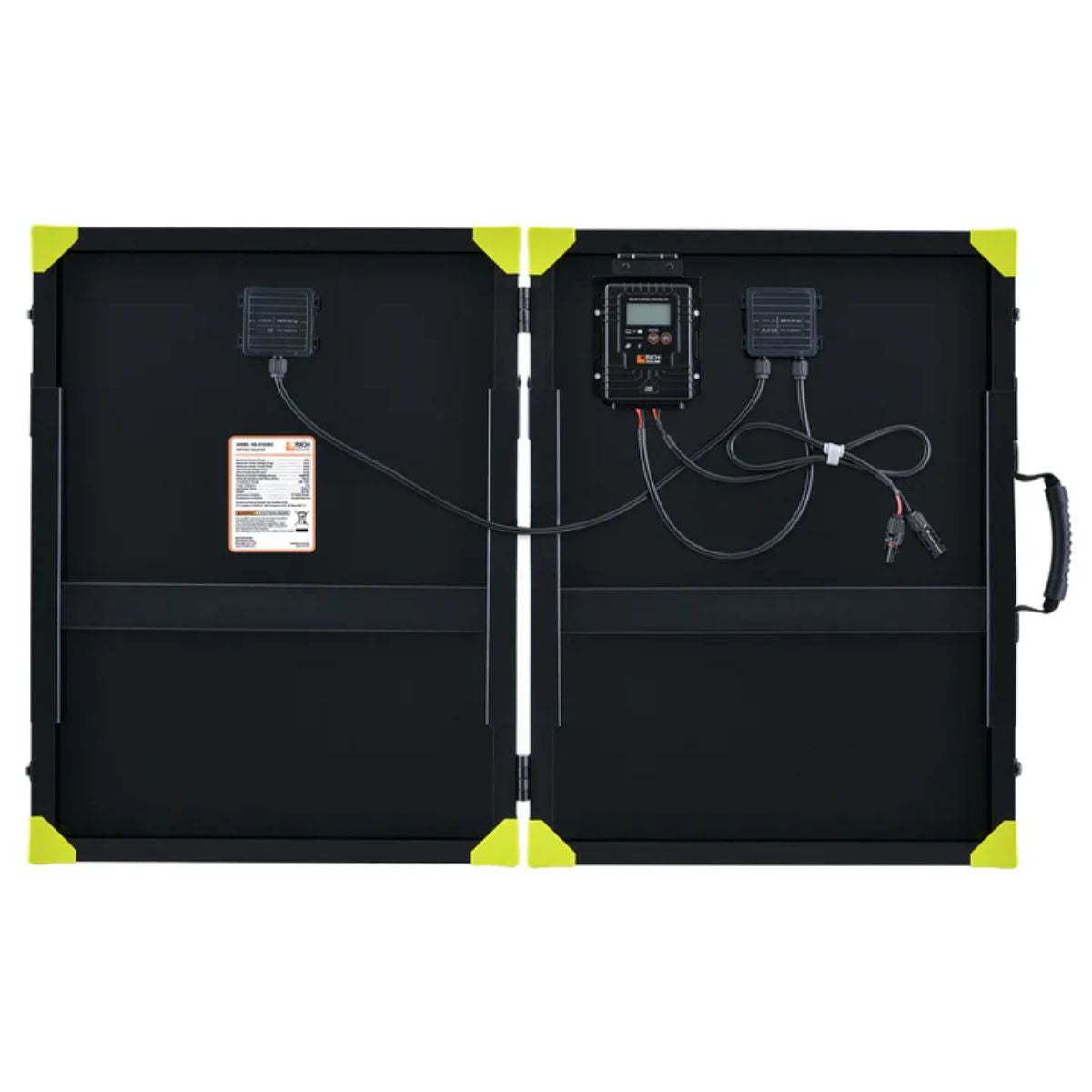 Back panel view of Rich Solar RS-X100BC MEGA 100W Briefcase Portable Solar Charging Kit displaying the added components of the solar kit