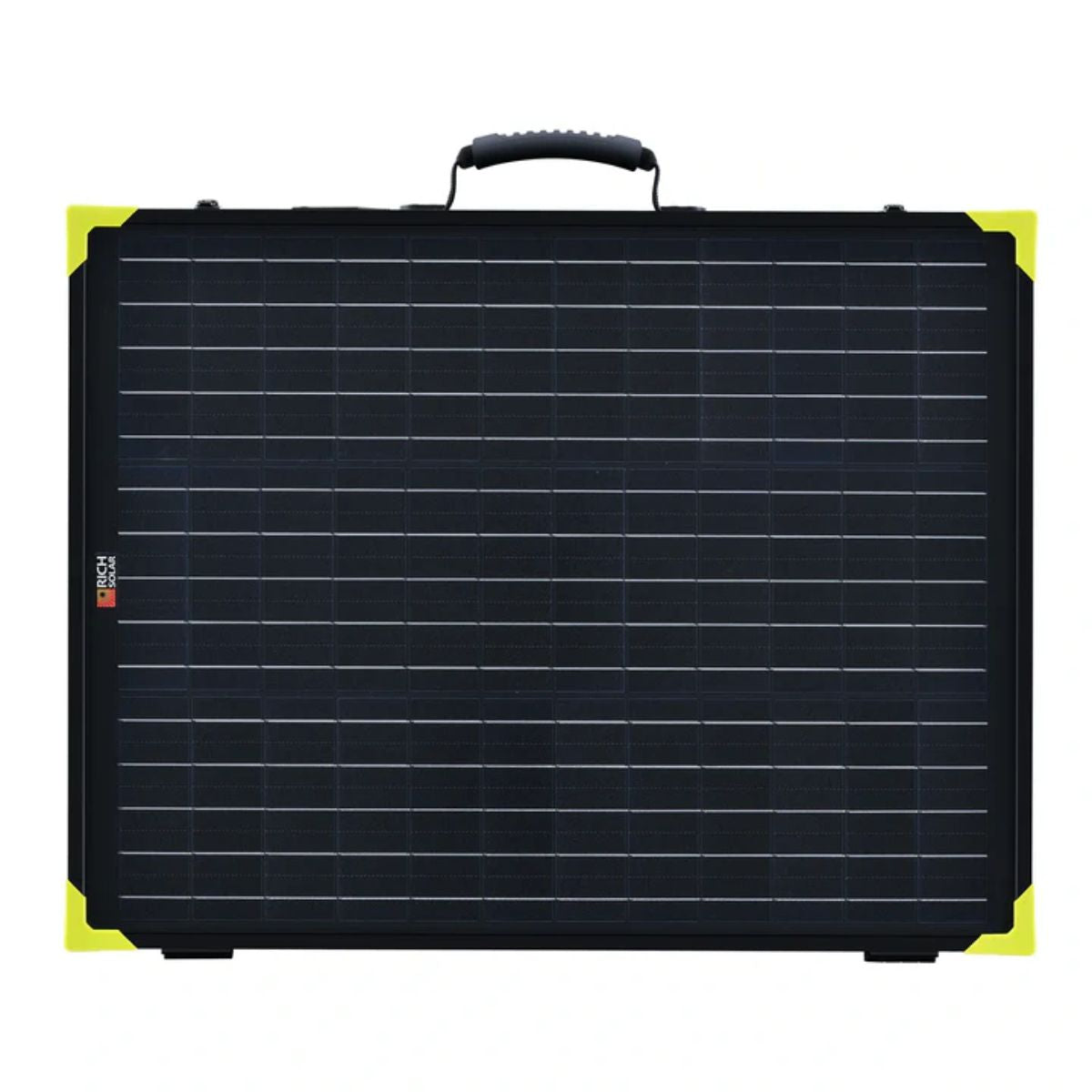 Rich Solar RS-X100BC MEGA 100W Briefcase Portable Solar Charging Kit displaying its portability when it is folded to its briefcase mode