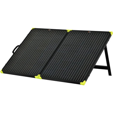 Rich Solar RS-X100BC MEGA 100W Briefcase Portable Solar Charging Kit displaying its 2 foldable solar panels with back stand and yellow rubber edges