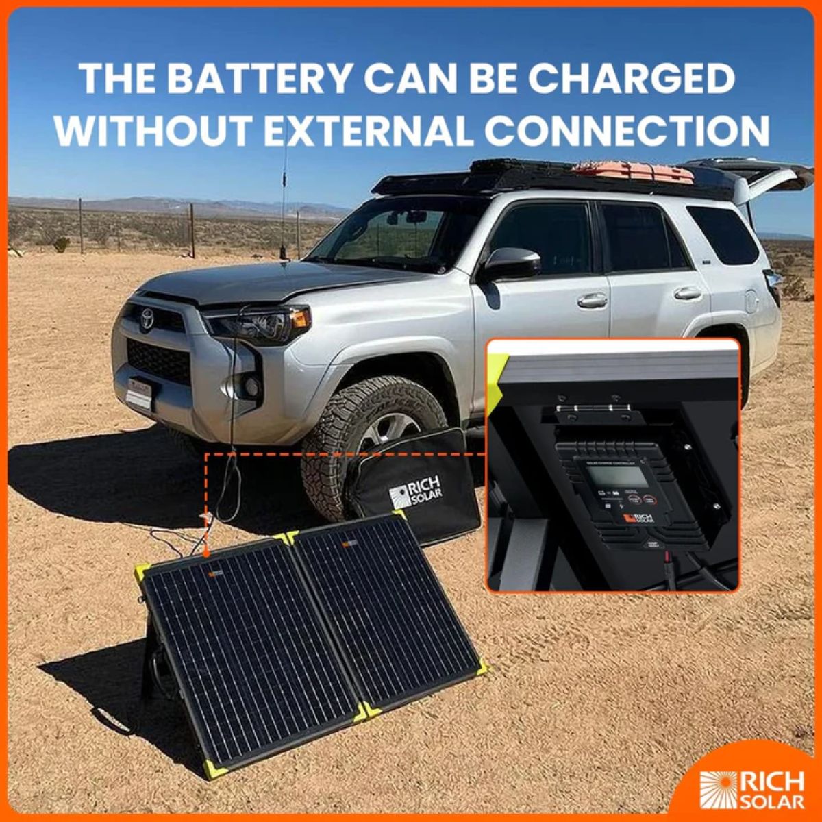 Rich Solar RS-X100BC MEGA 100W Briefcase Portable Solar Charging Kit featuring its capability to charge without external connection