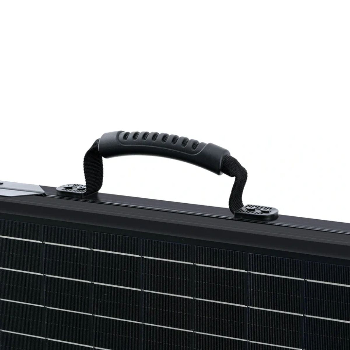 A zoomed in view of Rich Solar RS-X100BC MEGA 100W Briefcase Portable Solar Charging Kit's portable rubber handle