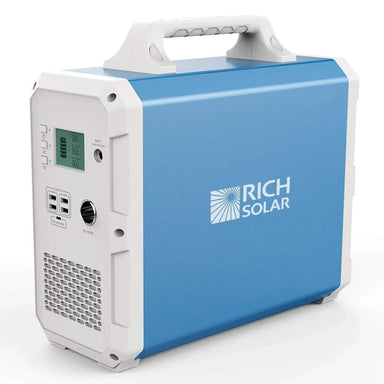 Rich Solar RS-X1500 Bluetti Lithium Portable Power Station displaying its portable build and white and sky blue color scheme.