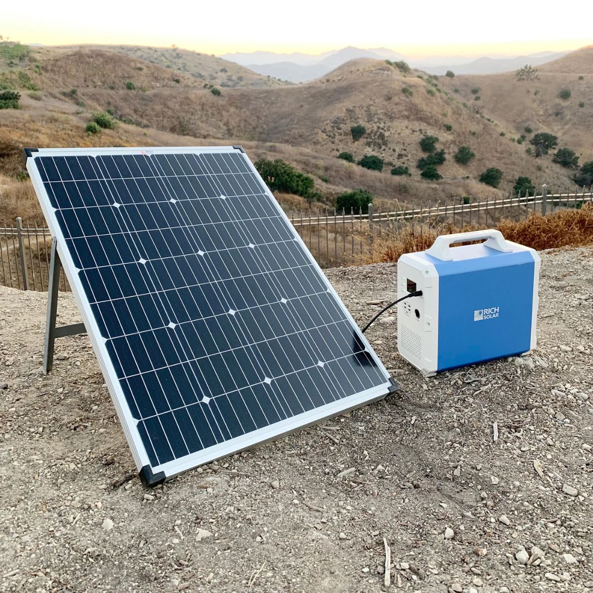 Rich Solar RS-X1500 Bluetti Lithium Portable Power Station displaying its portability with a solar panel for added renewable energy capabilities