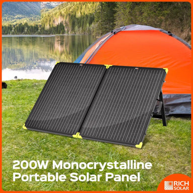 Rich Solar RS-X200B MEGA 200W Portable Solar Panel Briefcase featuring its 200 Watts power capacity on a nature camping setup