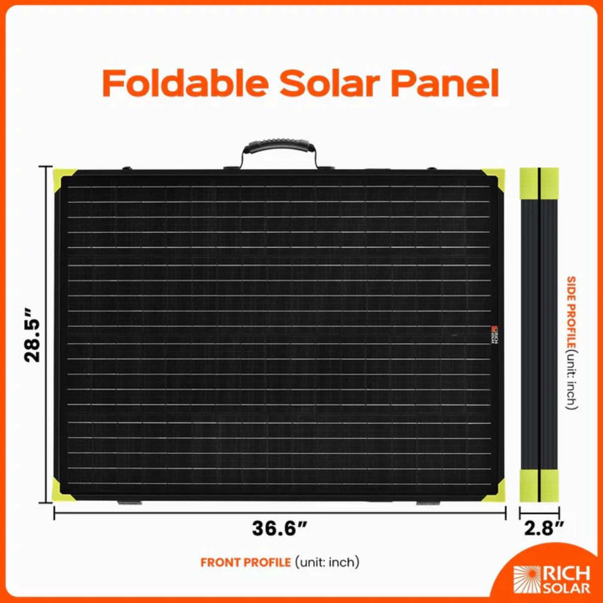 Rich Solar RS-X200B MEGA 200W Portable Solar Panel Briefcase displaying its dimensions on its foldable briefcase mode