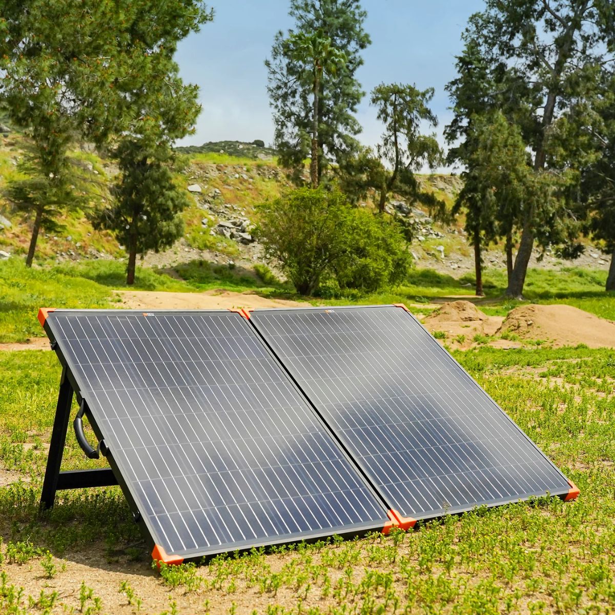 Outside setup of Rich Solar RS-X200B MEGA 200W Portable Solar Panel Briefcase displaying its sturdy build and portability