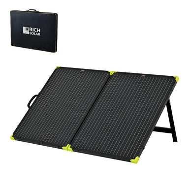 Rich Solar RS-X200B MEGA 200W Portable Solar Panel Briefcase displaying its sturdy build setup with its  included protective bag