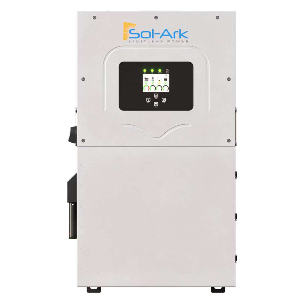 Sol-Ark 8kW Hybrid Inverter System with EMP Hardening Kit appears as a tall gray metal cabinet with a small screen and indicator lights