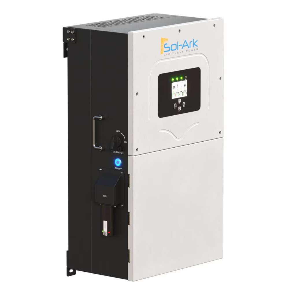 Side view of Sol-Ark 8kW Hybrid Inverter System with EMP Hardening Kit shows a handle, power switch, and front control panel