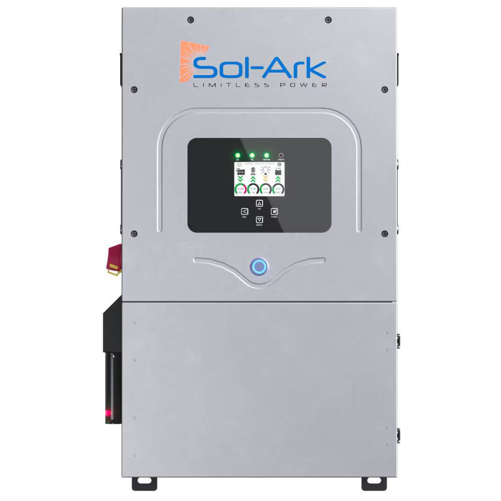 Sol-Ark 12kW Hybrid Inverter System with EMP Hardening Kit - SA-12K-EMPKIT is a sleek gray inverter with a touchscreen and glowing power light