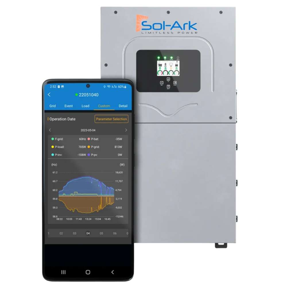 A phone shows system stats beside the Sol-Ark 15kW Hybrid Inverter System with EMP Hardening Kit-SA-15K-EMPKIT