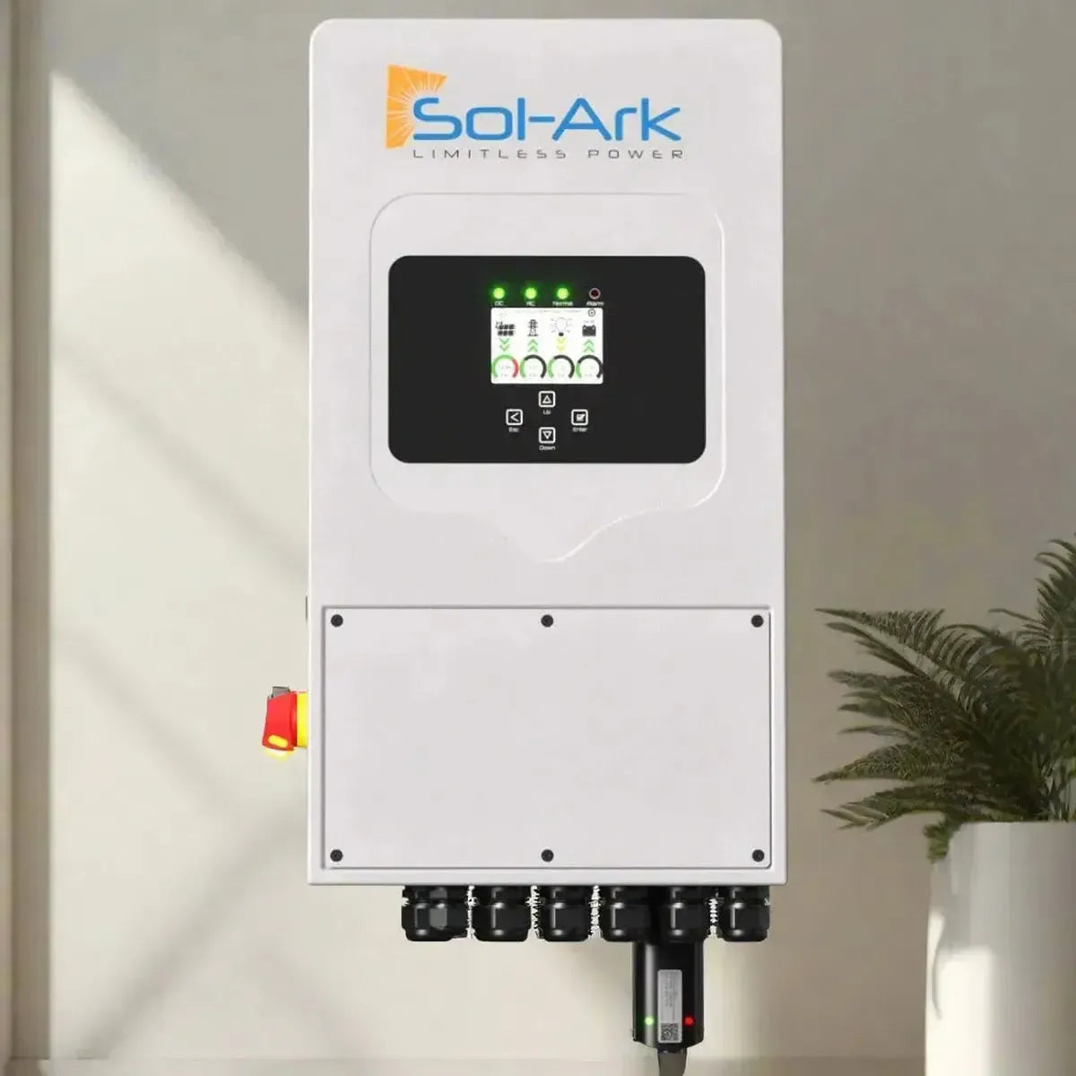Sol-Ark power system on a neutral background with a plant