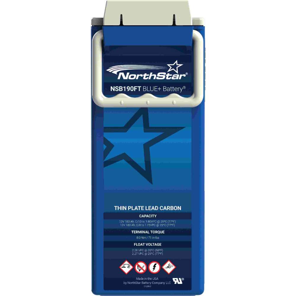 Outback Power NorthStar NSB190FT BLUE+ 202Ah VRLA-AGM Pure Lead Carbon Battery is shown in a close-up of its front panel highlighting its handle label and safety markings