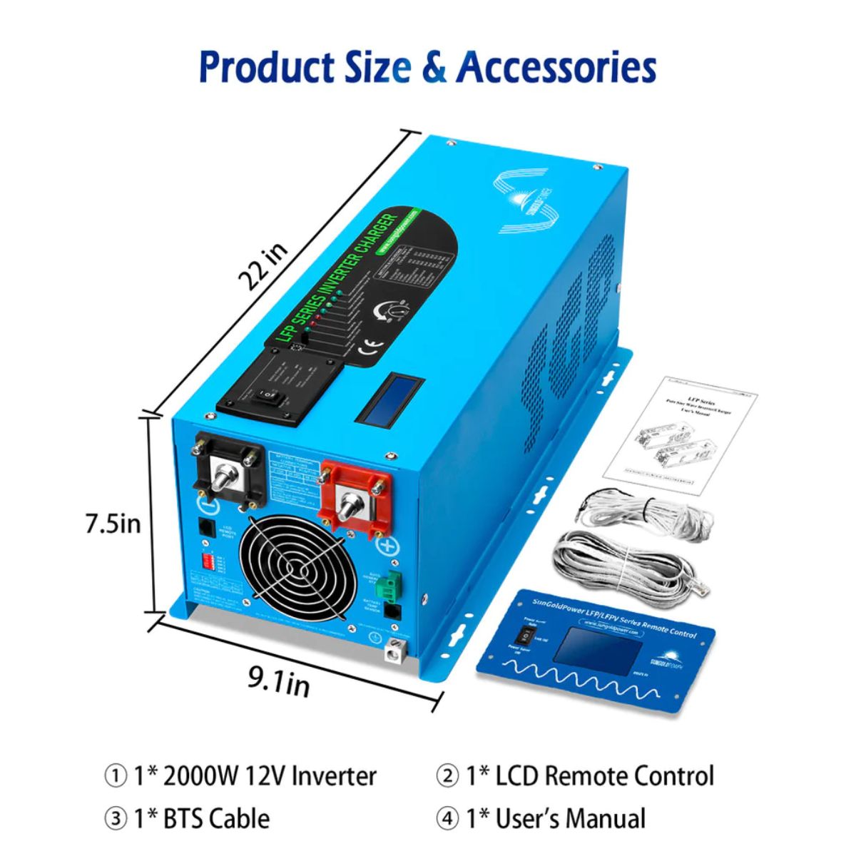 SunGold Power LFP2K12V120VSG 2000 Watts Pure Sine Wave Inverter displaying its product dimensions and  product included accesories.