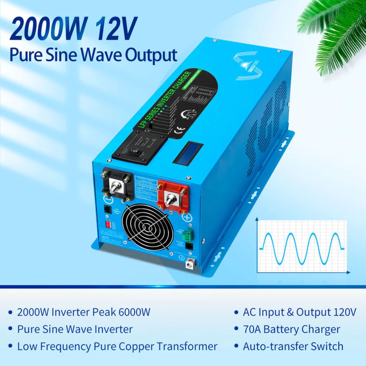 SunGold Power LFP2K12V120VSG 2000 Watts Pure Sine Wave Inverter featuring its multiple electrical output features.