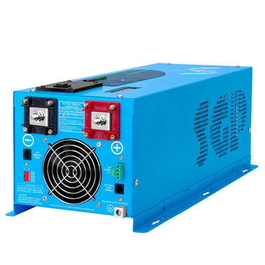 SunGold Power LFP2K12V120VSG 2000 Watts Pure Sine Wave inverter displaying its sky blue color scheme with patterned air vents . Also featuring its positive and negative DC terminals, ports, dip switches and air fan intake.